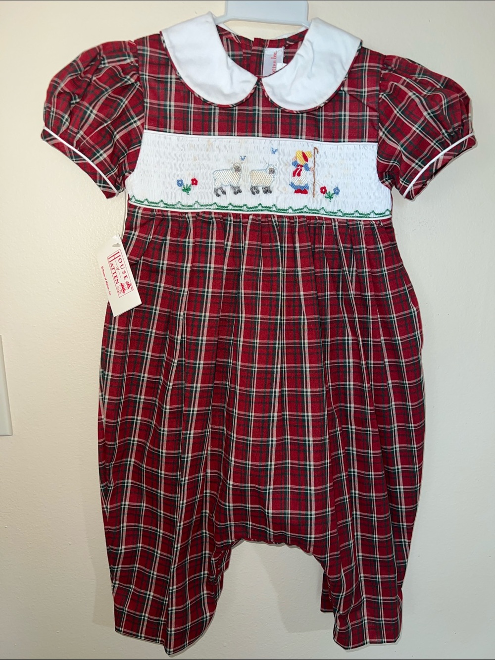 Red Plaid Smocked Baby Romper with Little BonPeep Sheep Motif
